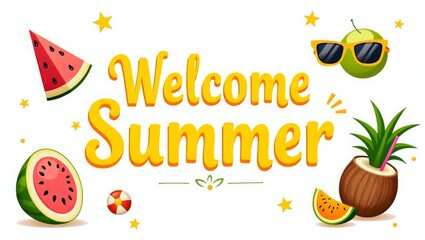 Vector Illustration of Summer Greeting with Fruits and Beach Icons