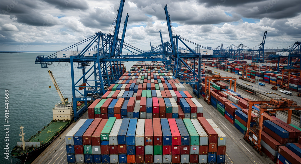 Poster cargo ship with multicolored shipping containers docks at a port with towering cranes under cloudy s