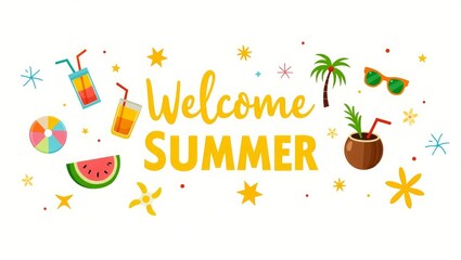 Vector Illustration of Summer Greeting with Fruits and Beach Icons
