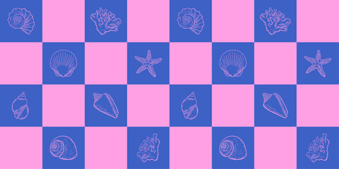 Seamless pattern of hand-drawn seashells, corals, starfish on a pink, blue checkerboard background. Marine life sketches mosaic cover. Modern wallpaper with coastal sea elements.