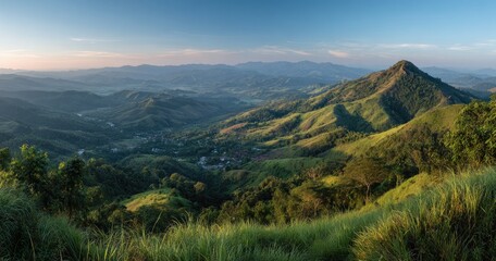 Panoramic mountain vista at dawn