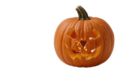 A carved pumpkin with a spooky face glowing from within, perfect for Halloween festivities.