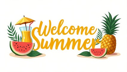Vector Illustration of Summer Greeting with Fruits and Beach Icons