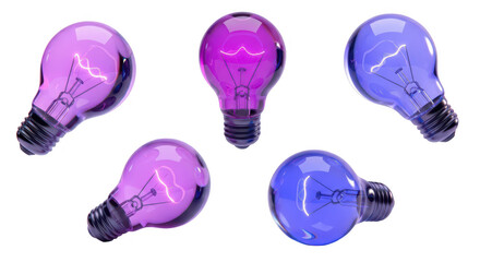 Five colored light bulbs arranged on a white background illuminating creativity and innovative concepts