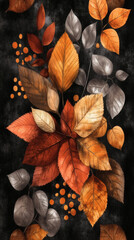 Autumn Leaves Arrangement in Warm Orange and Brown Tones on Dark Background – Digital Art
