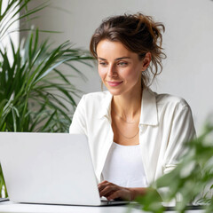 Woman Working on Laptop at Home – Remote Work Flexibility and Digital Independence