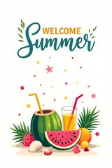 Summer Greeting Banner with Tropical Fruits and Beach Elements
