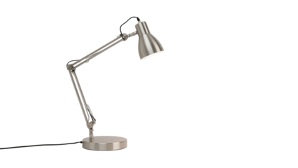 A sleek silver desk lamp with an adjustable arm, perfect for modern workspaces and enhancing productivity.
