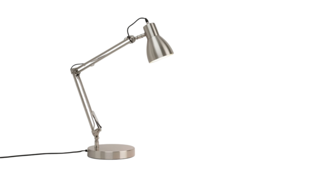 A sleek silver desk lamp with an adjustable arm, perfect for modern workspaces and enhancing productivity.