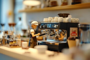 A miniature barista figure expertly operates a professional espresso machine in a coffee shop setting.