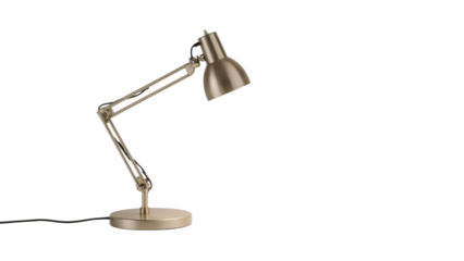 A stylish, adjustable metallic desk lamp with a sleek design, illuminating a workspace with a warm, focused light.