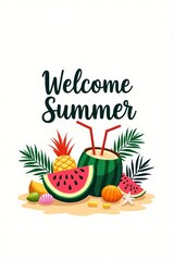 Summer Greeting Banner with Tropical Fruits and Beach Elements
