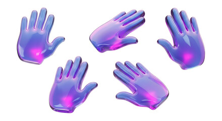 Obraz premium Five iridescent transparent hands floating in various positions on a white background suggestive of web design elements or UI features