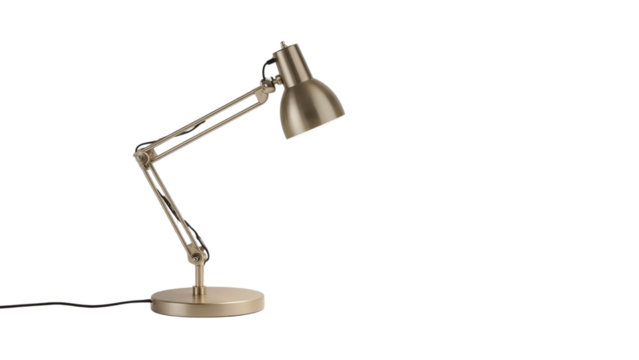 A stylish, adjustable metallic desk lamp with a sleek design, illuminating a workspace with a warm, focused light.