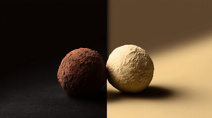 Elegant chocolate truffles on dual-tone black and cream background, high contrast