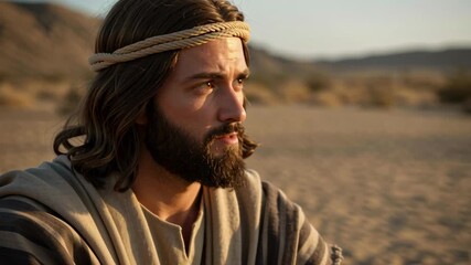 Jesus Christ sitting in the desert. Biblical man in ancient robes meditating in a vast arid landscape motion footage.