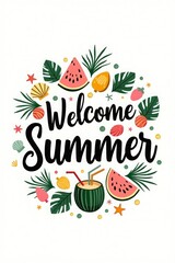 Summer Greeting Banner with Tropical Fruits and Beach Elements