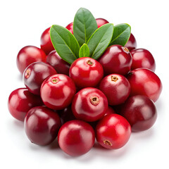 Obraz premium A pile of fresh, ripe cranberries with green leaves isolated on a white background