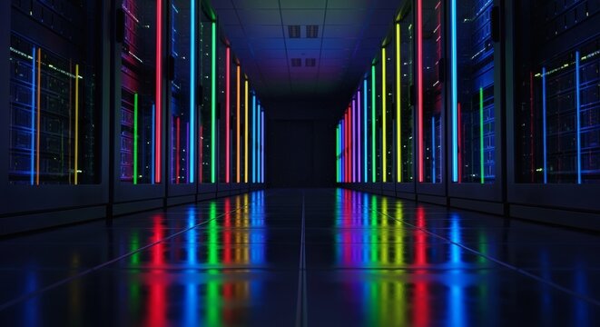 Rows of server racks in a dark data center illuminated by colorful vertical lights, reflecting on the glossy floor.