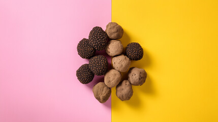 Truffle arrangement on diagonal split pink and yellow background, stylized product shoot