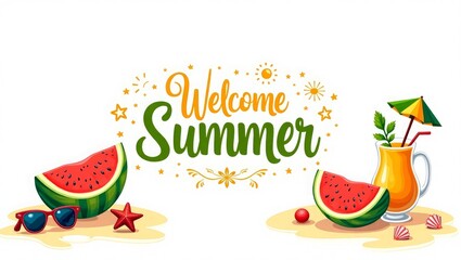 Summer Greeting Banner with Tropical Fruits and Beach Elements