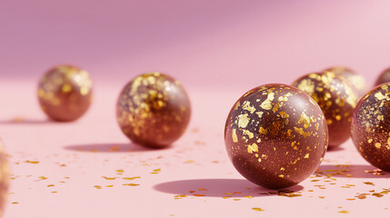 Chocolate bonbons with golden flakes on pastel gradient surface, soft minimal look