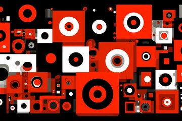 Vibrant modern art composition with geometric shapes in red, black, and white tones