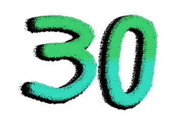 Simple 30 green gradient number. A modern and minimalist aesthetic. Black shadow. Hand-drawn with a digital pen.
