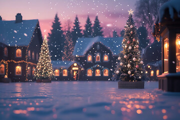 Christmas and winter holiday marketing background, with winter and christmas tree themes, christmas ornaments and presents, snowy vibes.Christmas Background