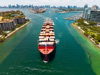 Container ship. Shipping logistics. Commercial shipping. Cargo ship in sea, aerial view. Freight...