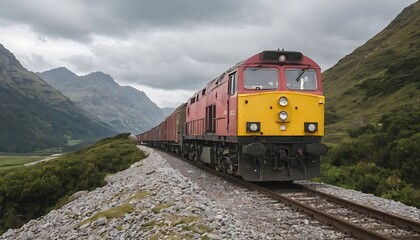 Obraz premium A train travels through a scenic mountain landscape on a cloudy day