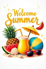 Tropical Summer Welcome Banner with Watermelon and Coconut Drink