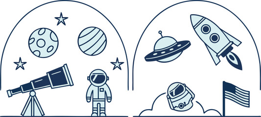 Space Exploration Icons with Astronauts and Spaceships on transparent background