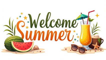 Tropical Summer Welcome Banner with Watermelon and Coconut Drink