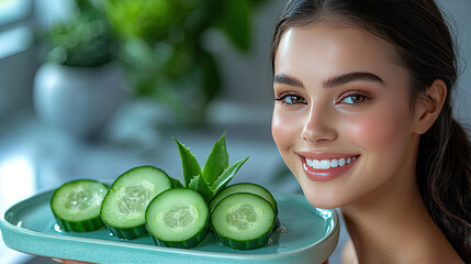 Beautiful woman smiling with cucumber slices and aloe vera on a turquoise plate