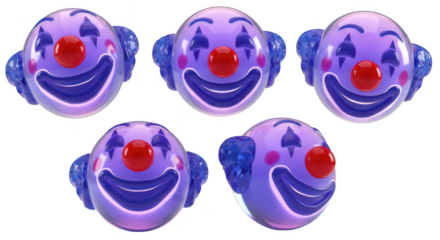 3D-rendered clown heads arranged on white background depicting humor and amusement ideal for entertainment content