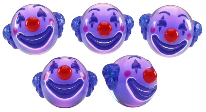 3D-rendered clown heads arranged on white background depicting humor and amusement ideal for entertainment content