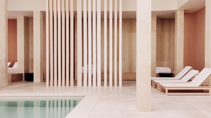 Fototapeta premium A white and tan room with a pool and white chairs. The pool is surrounded by a white wall and the chairs are placed around it. The room has a clean and minimalist design, giving it a calm