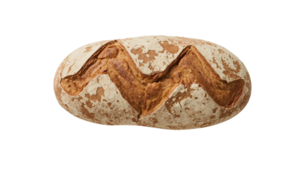 A crusty, rustic artisan bread loaf with a unique zigzag pattern on top, showcasing its artisanal craftsmanship.