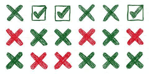 Hand-drawn Green Checkmarks and Red/Green Crosses with Sketchy Texture