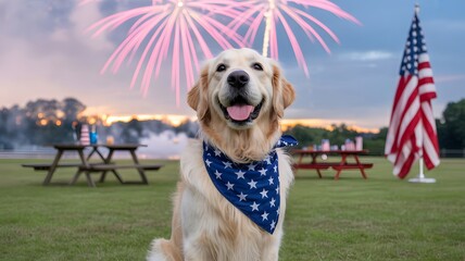 Happy golden retriever dog wearing a patriotic bandana with fireworks and american flag