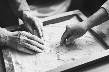 Elderly hands gently sculpt sand, creating a serene and calming scene.