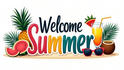 Tropical Summer Welcome Banner with Watermelon and Coconut Drink