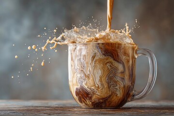 Coffee swirling as milk is poured into a clear mug on a rustic wooden table