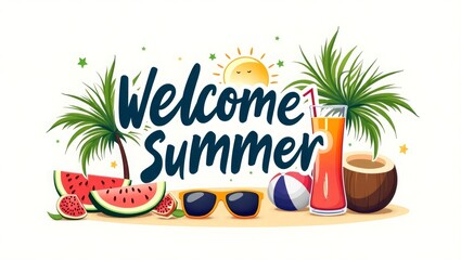 Tropical Summer Welcome Banner with Watermelon and Coconut Drink
