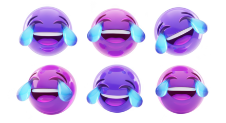 3D rendered purple emoji set expressing extreme laughter with tears on white suitable for expressing joy and humor in messaging