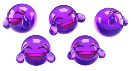 3D rendered purple laughing emoji icons floating on a white surface for social media posts humor or online communication