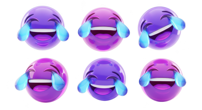 3D rendered purple emoji set expressing extreme laughter with tears on white suitable for expressing joy and humor in messaging