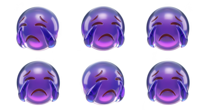 Group of 3D purple crying face emojis arranged on a white background representing sadness useful for online communication