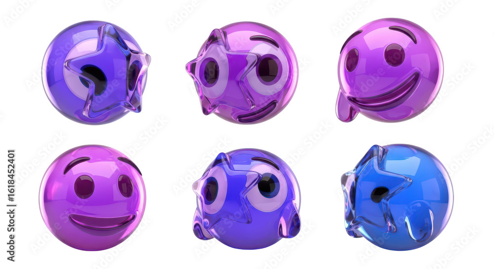 Poster animated emojis featuring star-shaped design elements and transparent texture arranged on a white ba